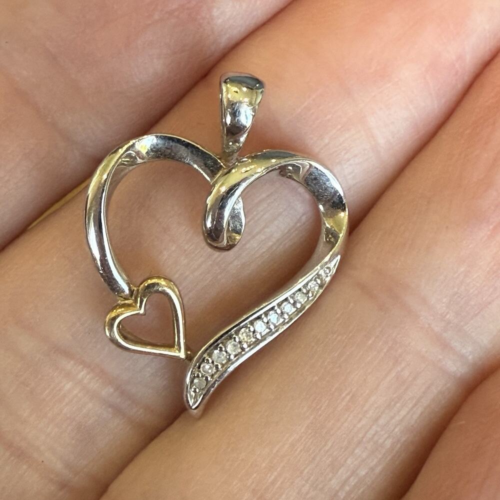 925 Sterling Silver / 10K Gold Real Diamond Double Heart Charm Pendant - Picture 2 of 12